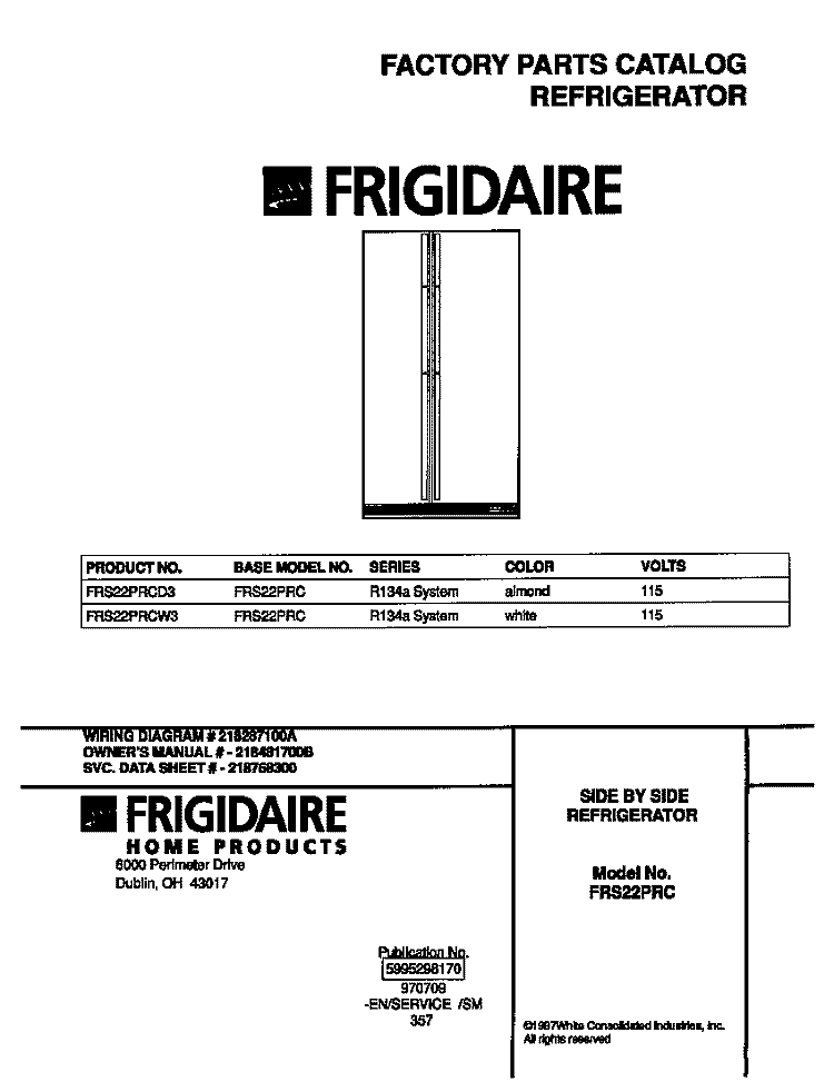 COVER Diagram and Parts List for FRS22PRCW3  Frigidaire Refrigerator
