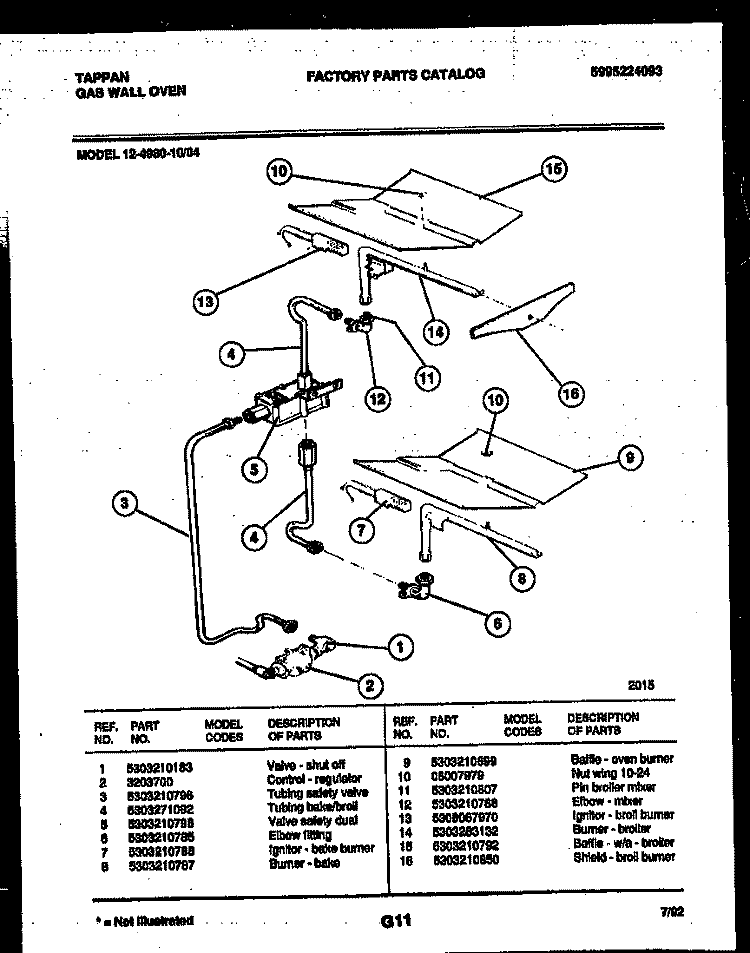 GAS CONTROL Diagram and Parts List for 12-4980-00-04  Tappan Wall Oven