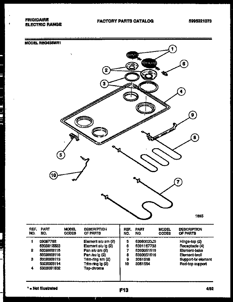 COOKTOP AND BROILER PARTS Diagram and Parts List for REG435MRW1  Frigidaire Range