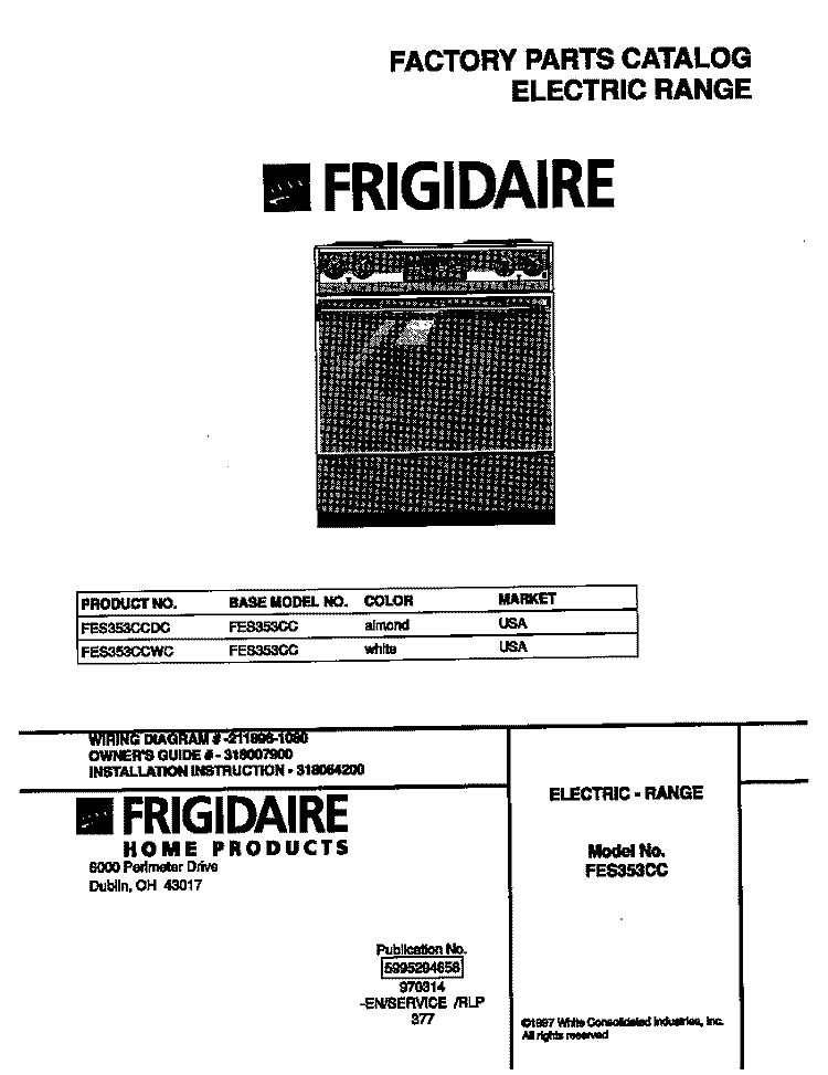 COVER Diagram and Parts List for FES353CCDC  Frigidaire Range