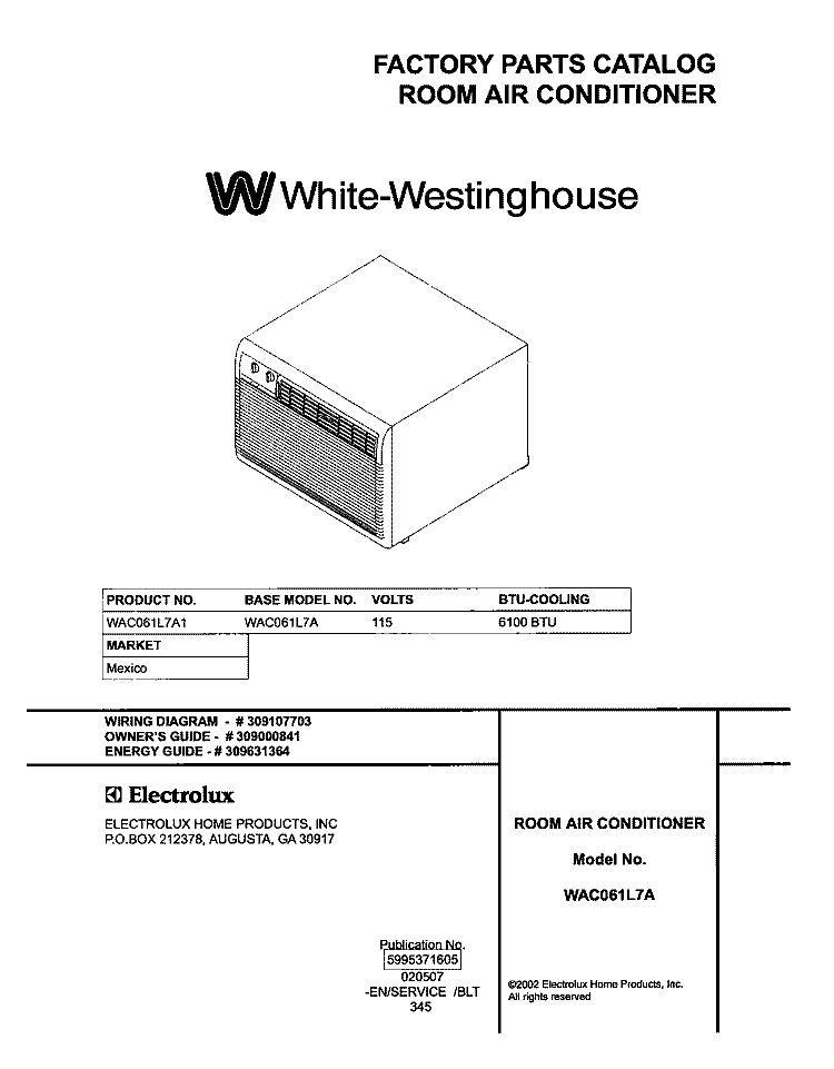 COVER Diagram and Parts List for WAC061L7A1  Westinghouse Air Conditioner