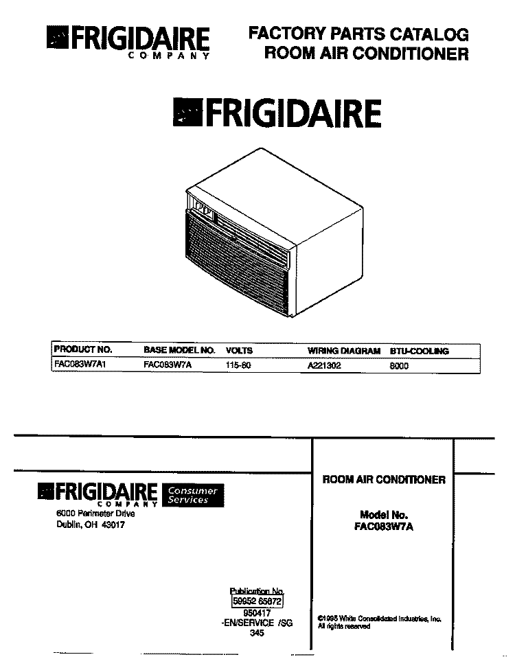 COVER Diagram and Parts List for FAC083W7A1  Frigidaire Air Conditioner