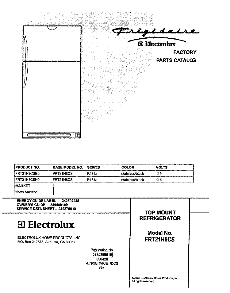 COVER Diagram and Parts List for FRT21H8CSB0  Frigidaire Refrigerator