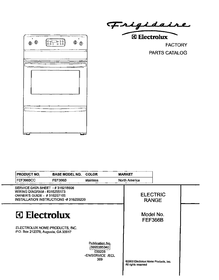 COVER Diagram and Parts List for FEF366BCC  Frigidaire Range