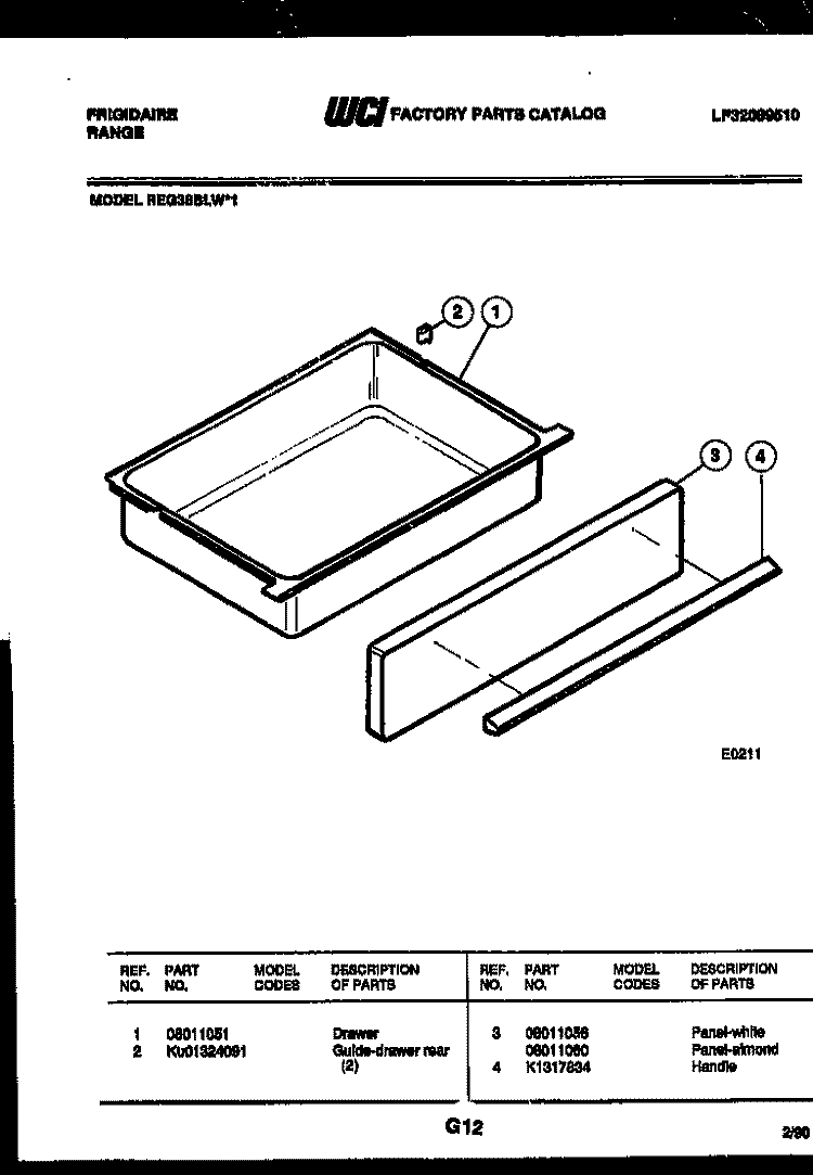 DRAWER PARTS Diagram and Parts List for REG38BLW1  Frigidaire Range