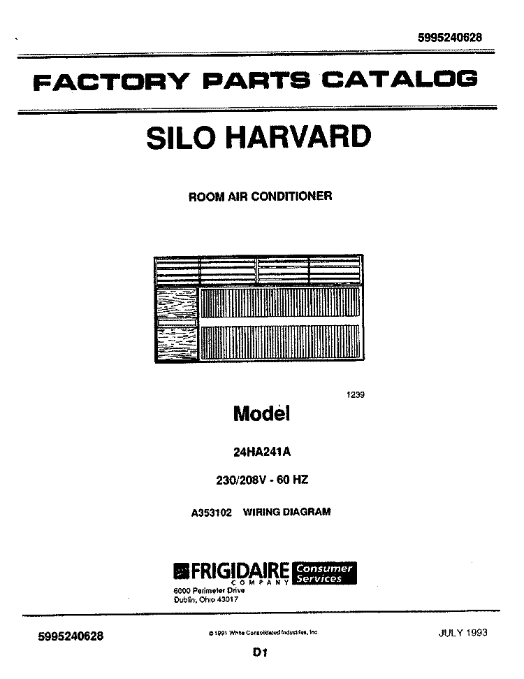 COVER Diagram and Parts List for 24HA241A  Frigidaire Air Conditioner