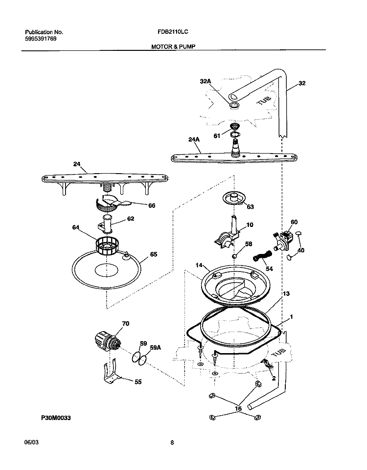 MOTOR & PUMP Diagram and Parts List for FDB2110LCS0  Frigidaire Dishwasher