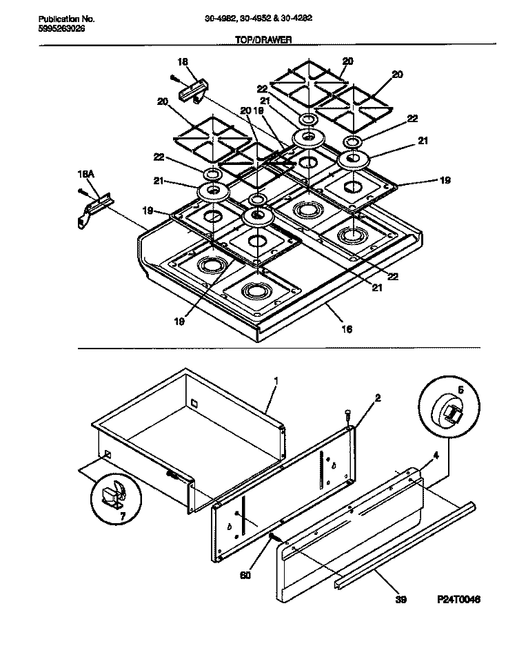 TOP, DRAWER Diagram and Parts List for 30-4952-00-04  Tappan Range