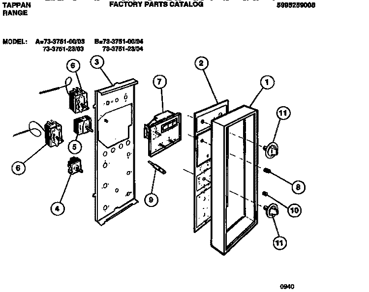 OVEN CONTROLS Diagram and Parts List for 73-3751-00-04  Tappan Range