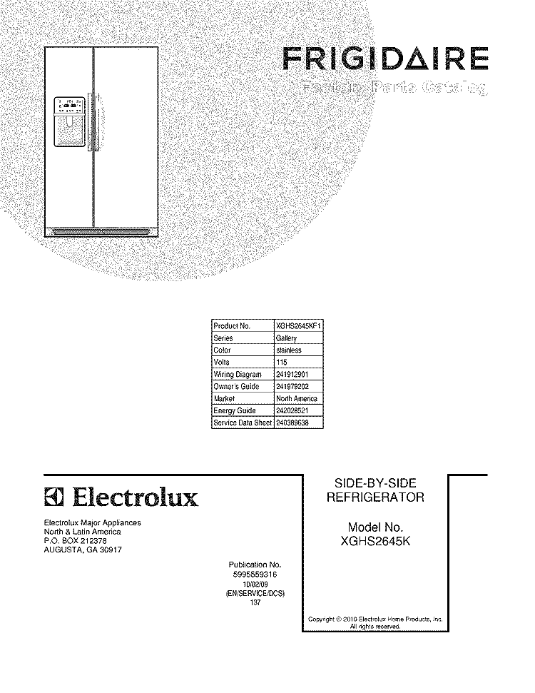 COVER Diagram and Parts List for XGHS2645KF1  Frigidaire Refrigerator