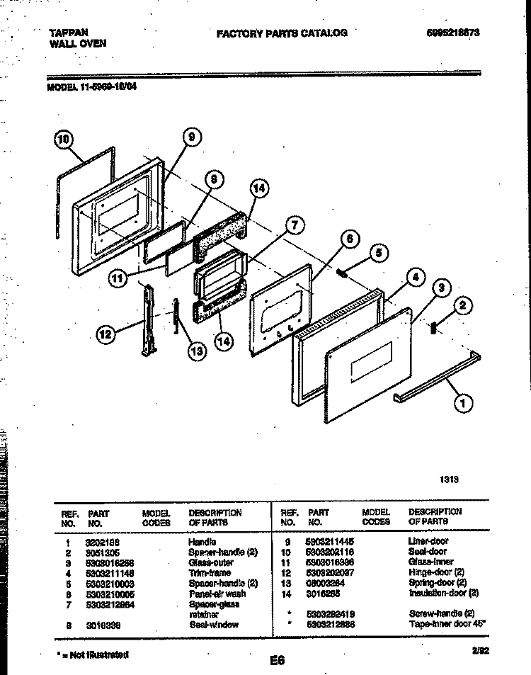 DOOR PARTS Diagram and Parts List for 11-5969-00-04  Tappan Wall Oven