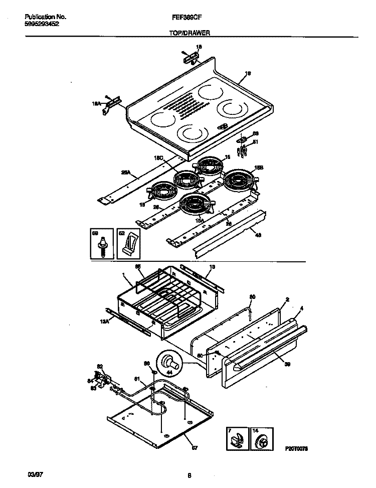 TOP / DRAWER Diagram and Parts List for FEF389CFTA  Frigidaire Range
