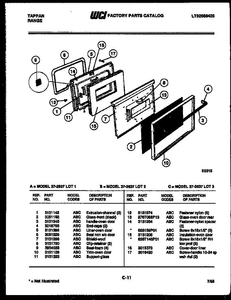 DOOR PARTS Diagram and Parts List for 37-2537-23-01  Tappan Range