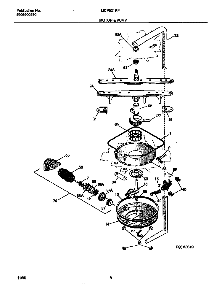 MOTOR & PUMP Diagram and Parts List for MDP531RFR1  Frigidaire Dishwasher