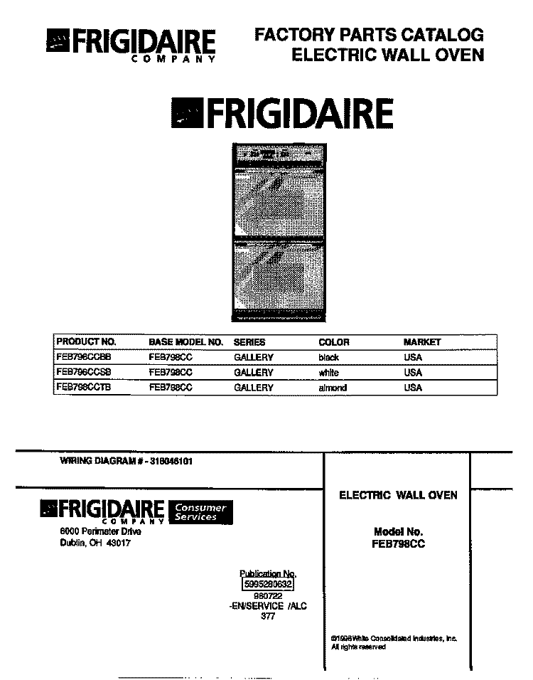 COVER Diagram and Parts List for FEB798CCSB  Frigidaire Wall Oven