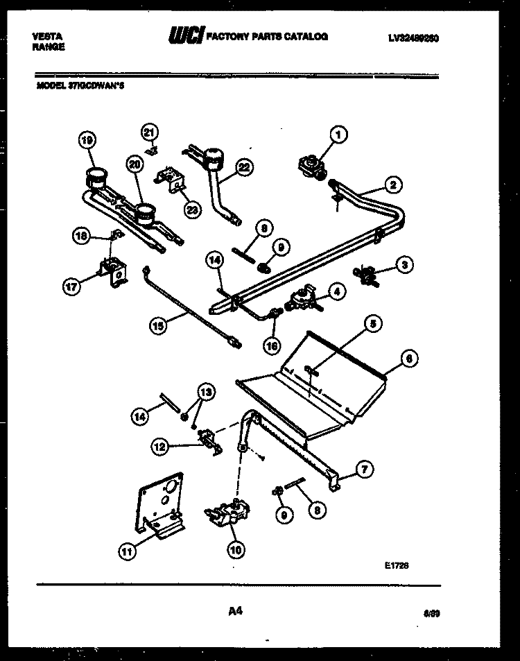 BURNER, MANIFOLD AND GAS CONTROL Diagram and Parts List for 37IGCDWAN5  Tappan Range