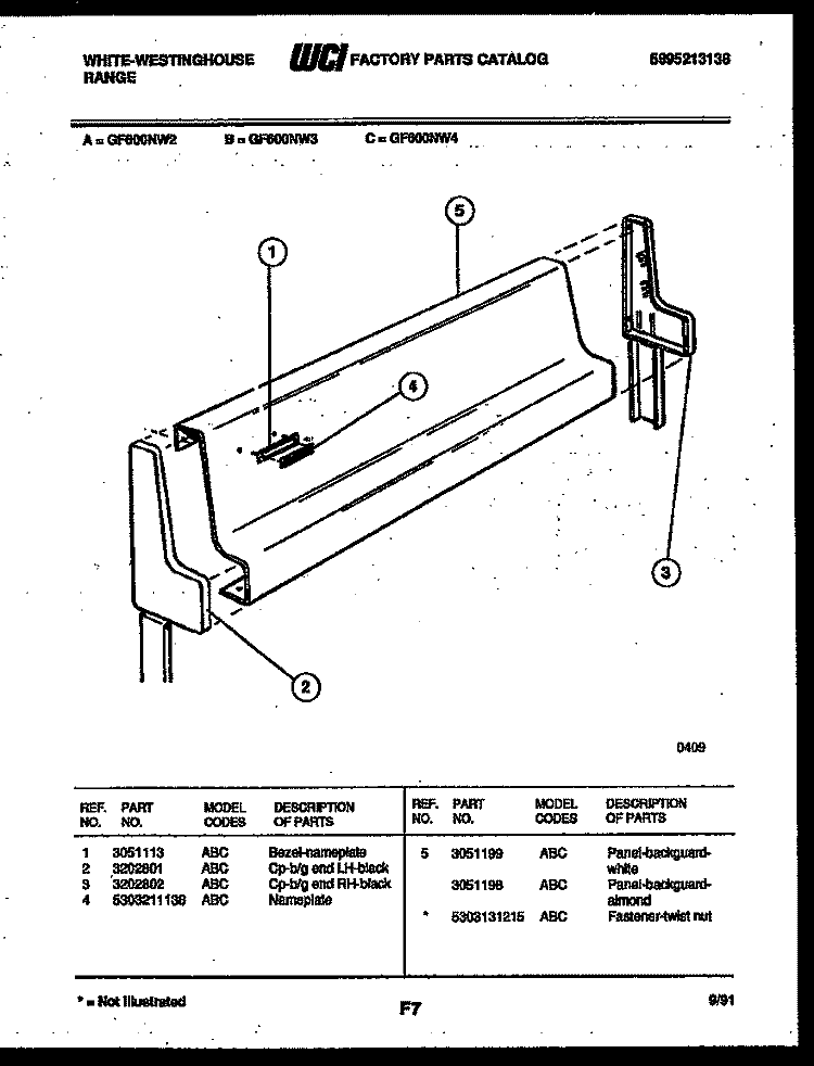 BACKGUARD Diagram and Parts List for GF600ND4  Frigidaire Range