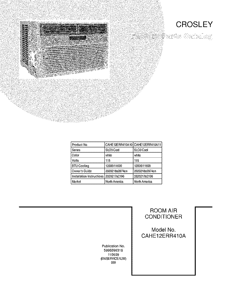 COVER Diagram and Parts List for CAHE12ERR410A11  Crosley Air Conditioner