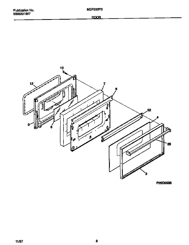 DOOR Diagram and Parts List for MEF302PBWK  Frigidaire Range