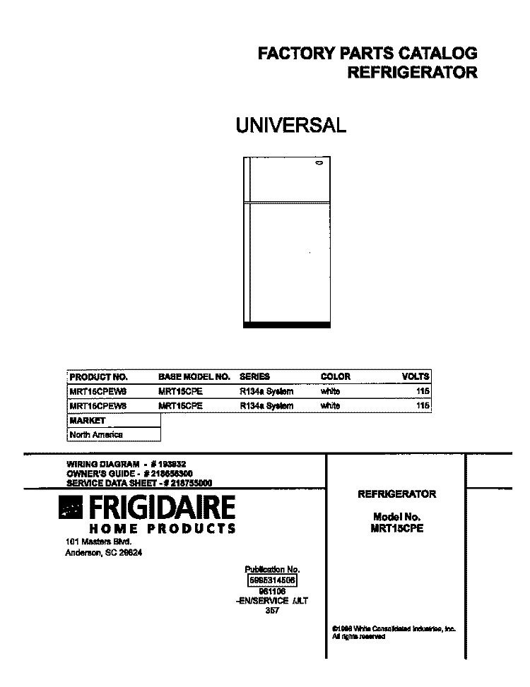 COVER Diagram and Parts List for MRT15CPEW8  Frigidaire Refrigerator