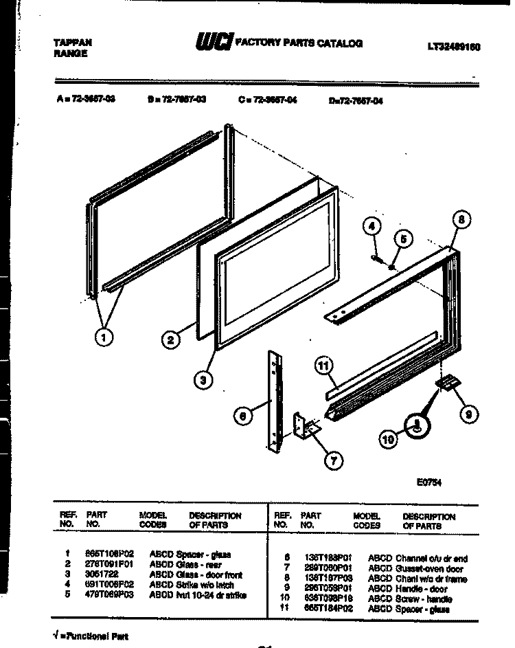UPPER OVEN DOOR PARTS Diagram and Parts List for 72-3657-00-04  Tappan Range