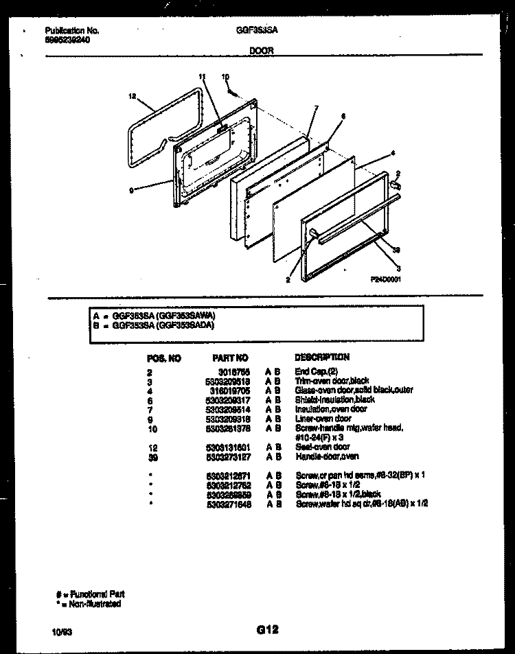 DOOR PARTS Diagram and Parts List for GGF353SAWA  Gibson Range