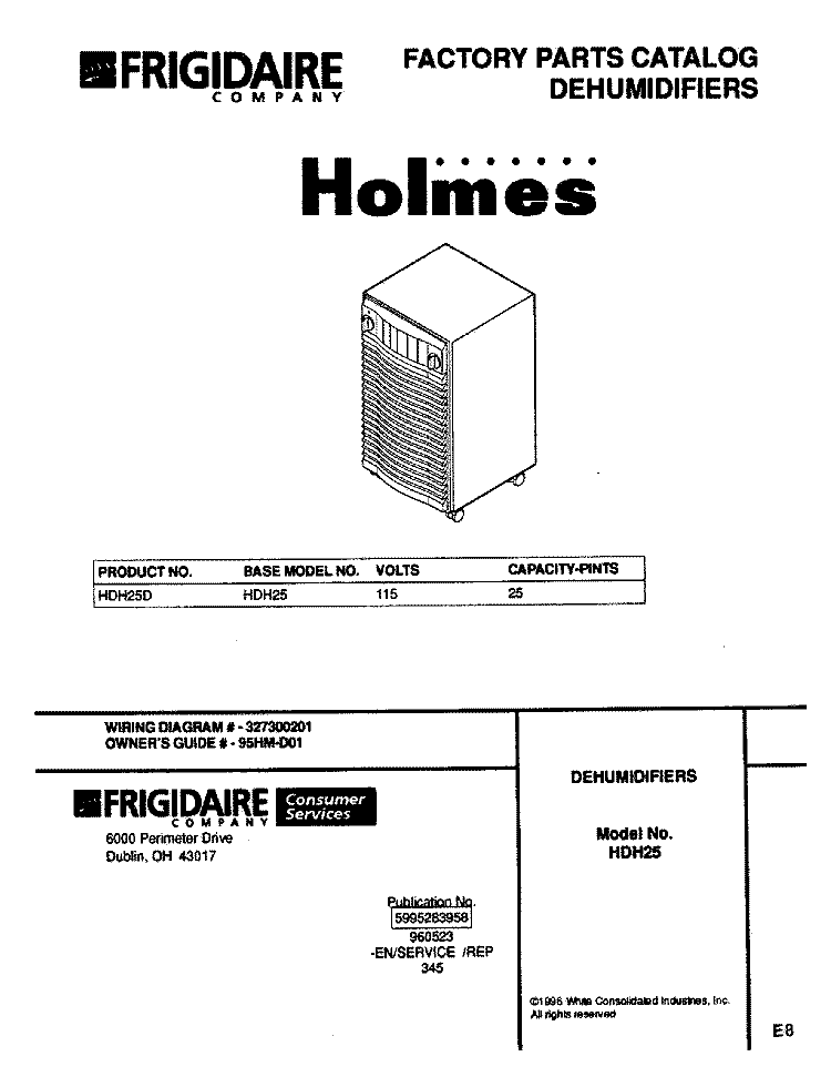 COVER Diagram and Parts List for HDH25D  Frigidaire Dehumidifier