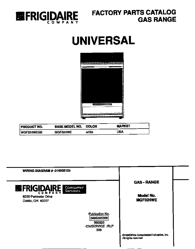 COVER Diagram and Parts List for MGF324WESB  Frigidaire Range