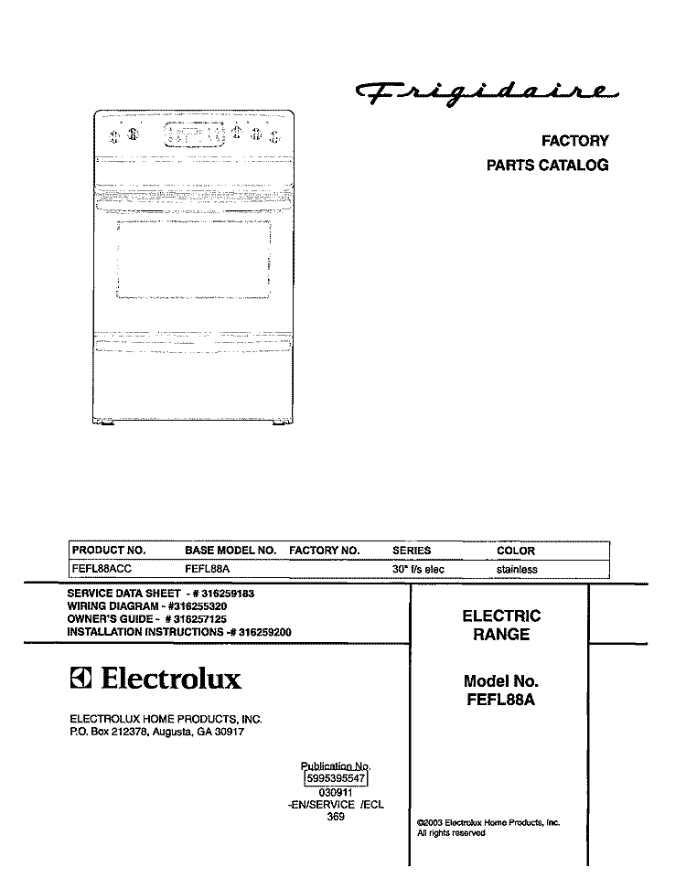 COVER Diagram and Parts List for FEFL88ACC  Frigidaire Range