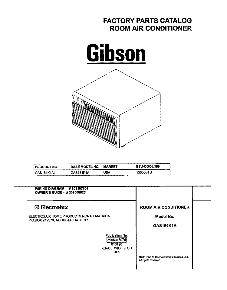 COVER Diagram and Parts List for GAS154K1A1  Gibson Air Conditioner