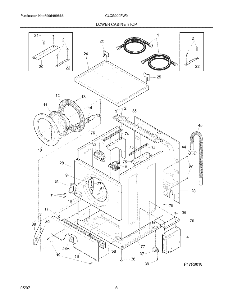 LOWER CABINET / TOP Diagram and Parts List for CLCG900FW0  Crosley Washer Dryer Combo