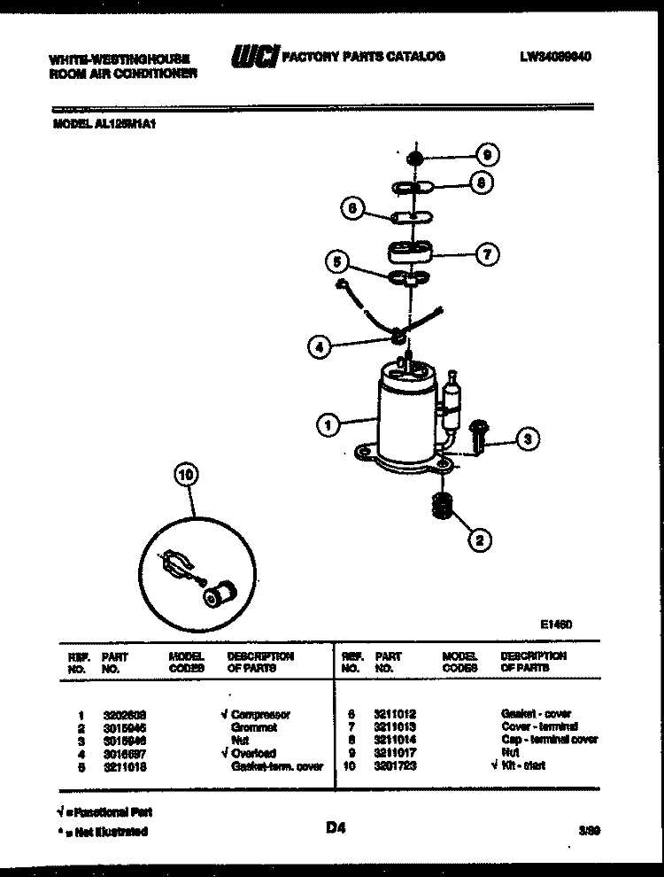 COMPRESSOR PARTS Diagram and Parts List for AL125M1A1  Frigidaire Air Conditioner