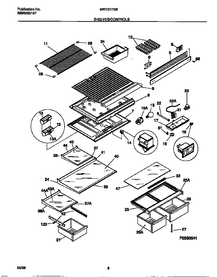 SHELVES / CONTROLS Diagram and Parts List for MRT21TNBW4  Frigidaire Refrigerator