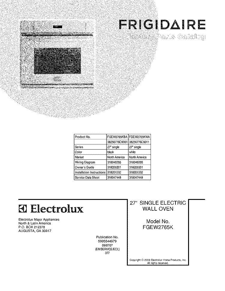 COVER Diagram and Parts List for FGEW2765KWA  Frigidaire Wall Oven