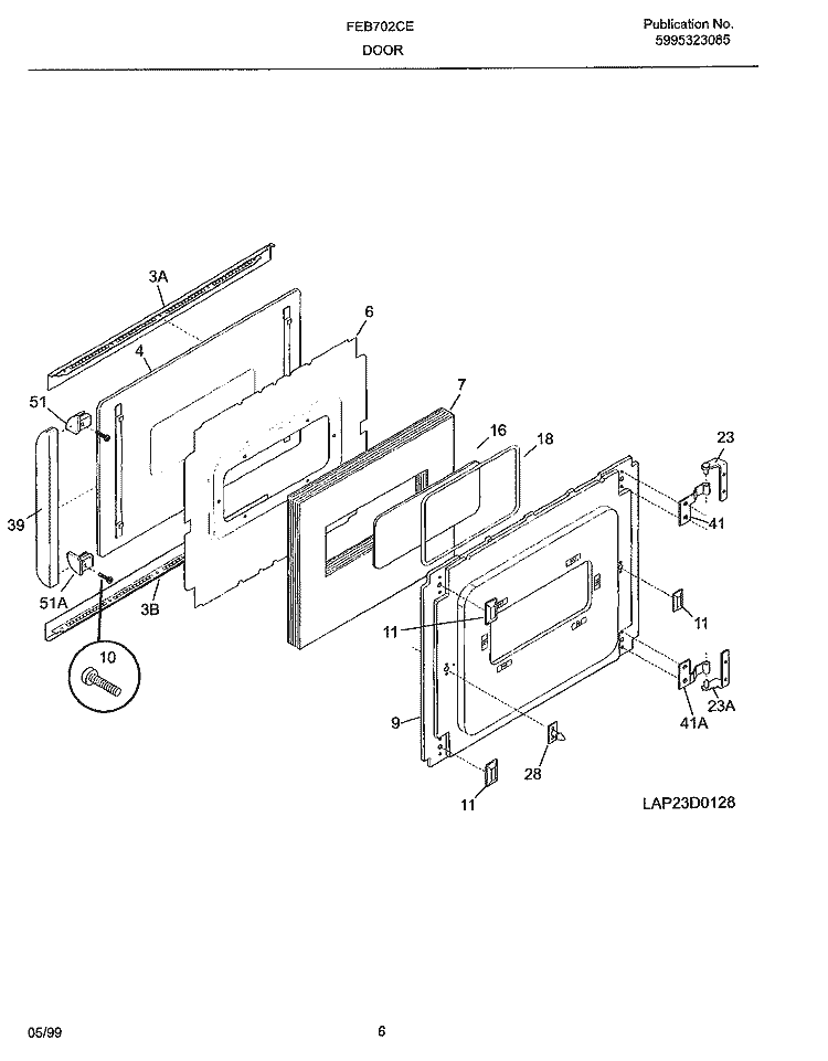 DOOR Diagram and Parts List for FEB702CEBH  Frigidaire Wall Oven