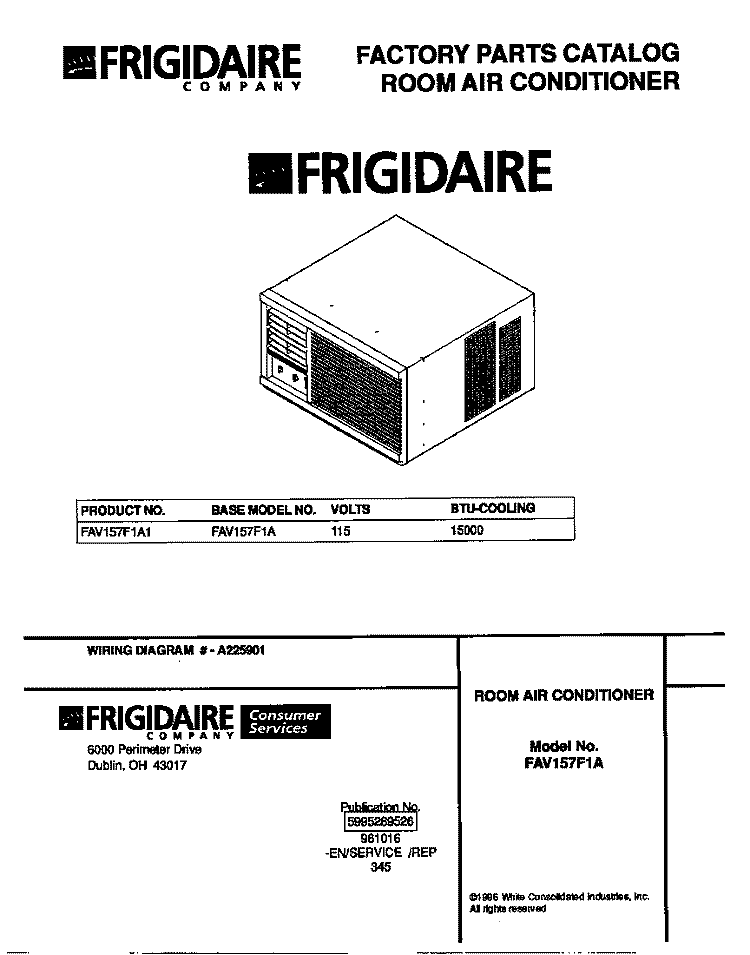 COVER Diagram and Parts List for FEV157F1A1  Frigidaire Air Conditioner