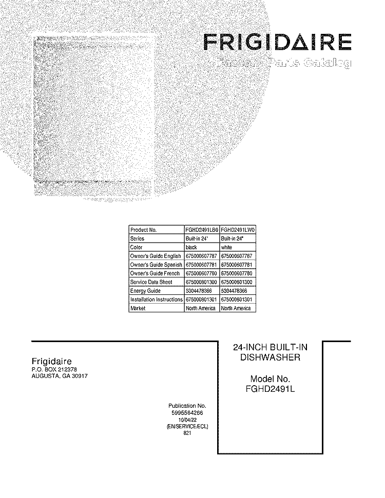 COVER Diagram and Parts List for FGHD2491LW0  Frigidaire Dishwasher