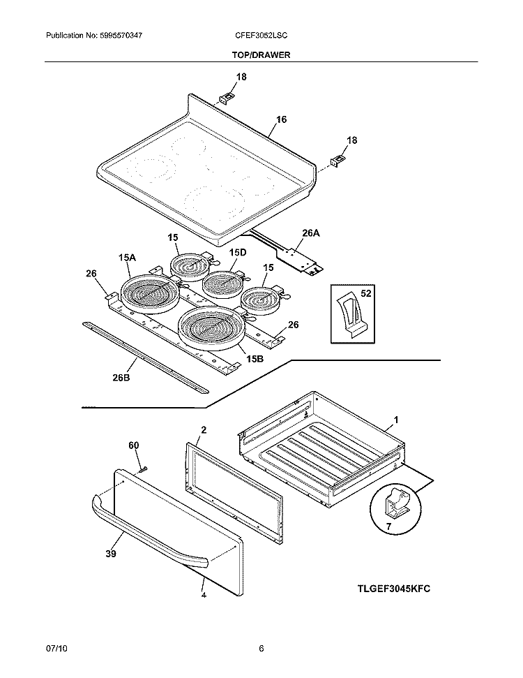 TOP/DRAWER Diagram and Parts List for CFEF3052LSC  Frigidaire Range