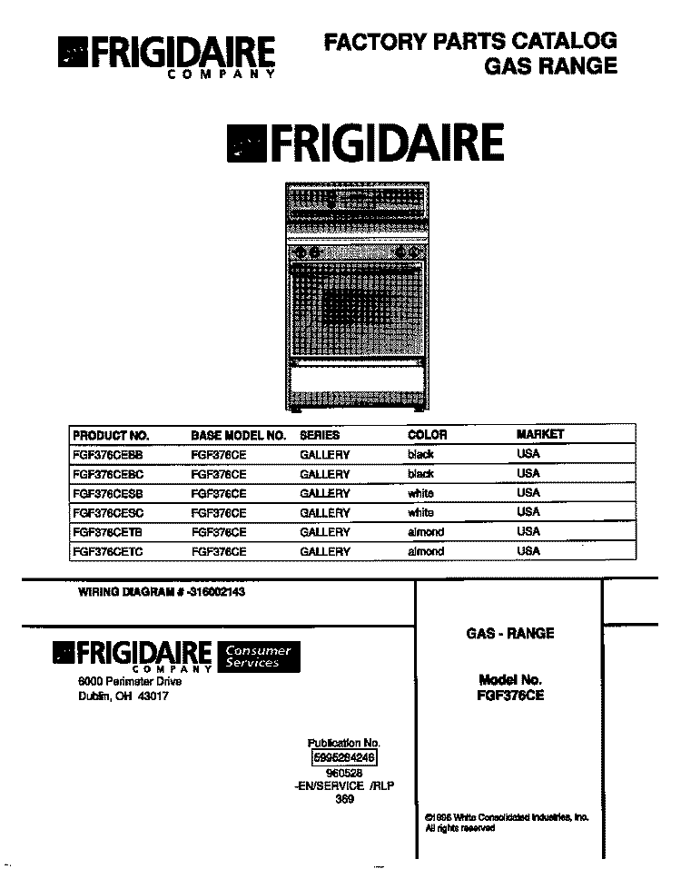 COVER Diagram and Parts List for FGF376CETC  Frigidaire Range