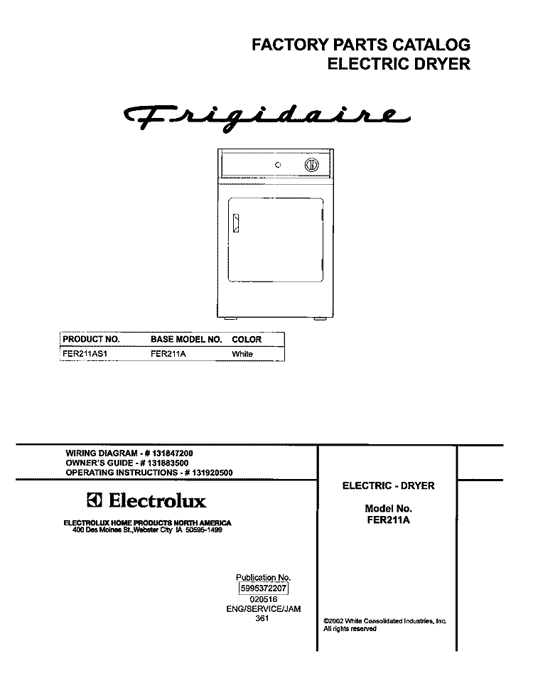 COVER Diagram and Parts List for FER211AS1  Frigidaire Dryer