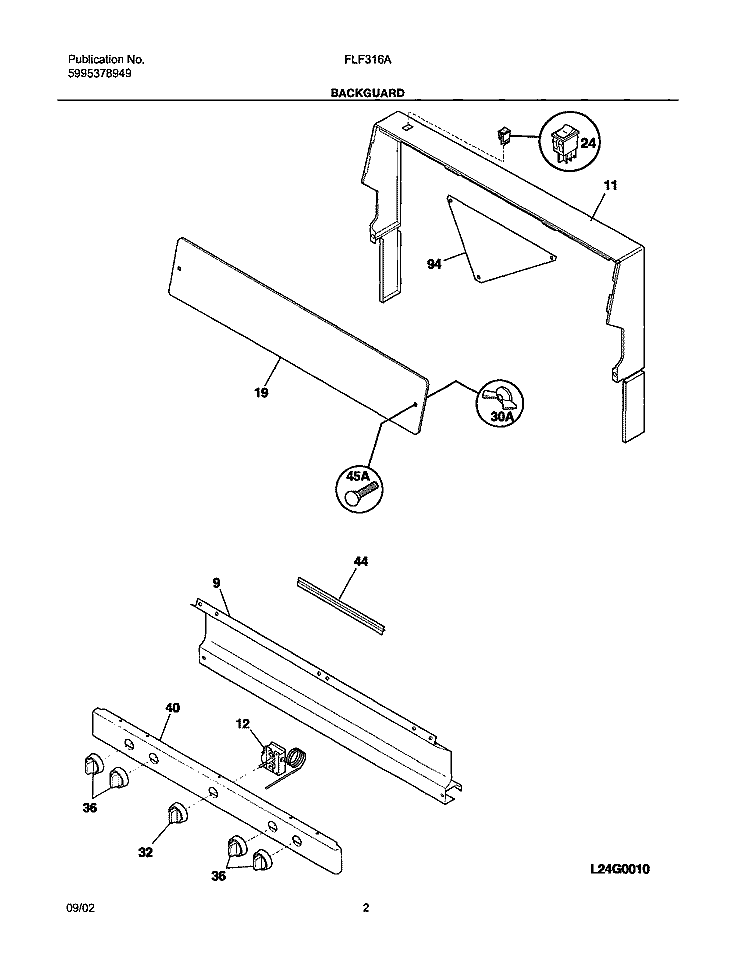 BACKGUARD Diagram and Parts List for FLF316AQB  Frigidaire Range