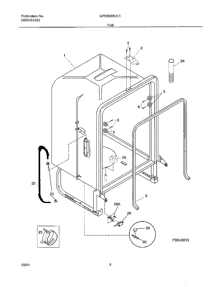 TUB Diagram and Parts List for GPDB698JC1  Frigidaire Dishwasher