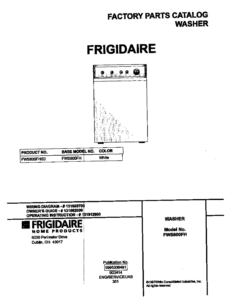 COVER Diagram and Parts List for FWS800FHS0  Frigidaire Washer