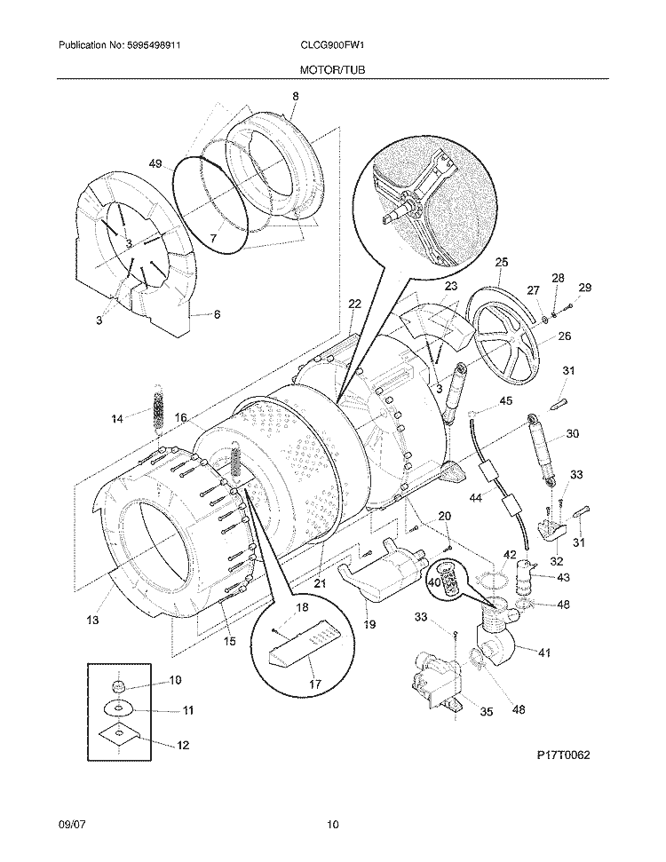 MOTOR / TUB Diagram and Parts List for CLCG900FW1  Crosley Washer Dryer Combo