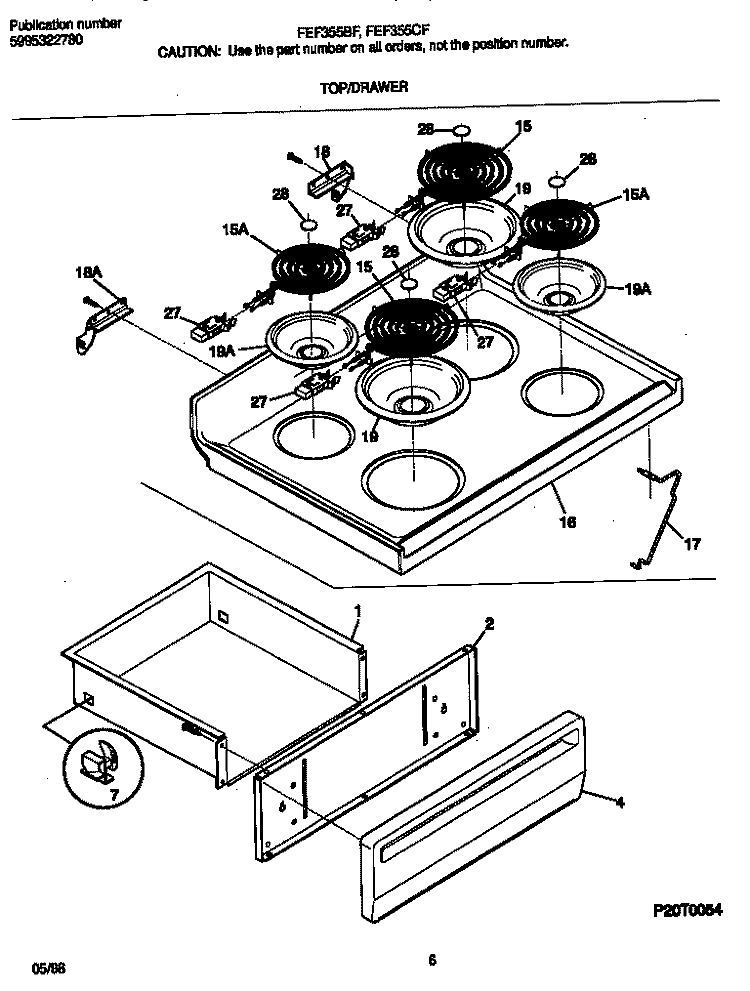 TOP / DRAWER Diagram and Parts List for FEF355CFSD  Frigidaire Range