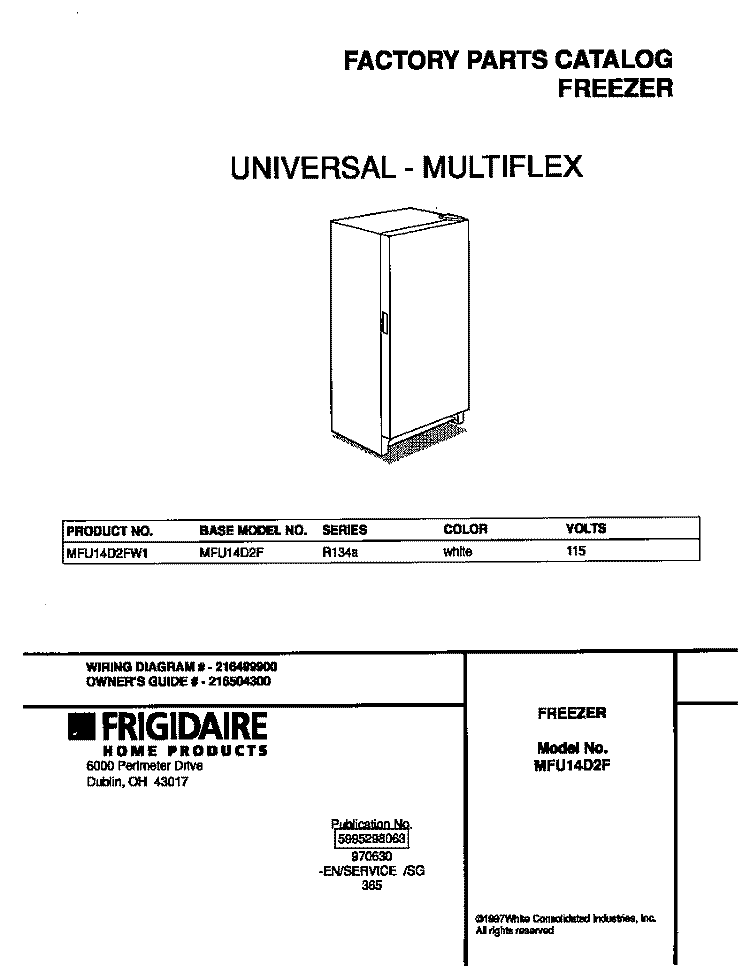 COVER Diagram and Parts List for MFU14D2FW1  Frigidaire Freezer