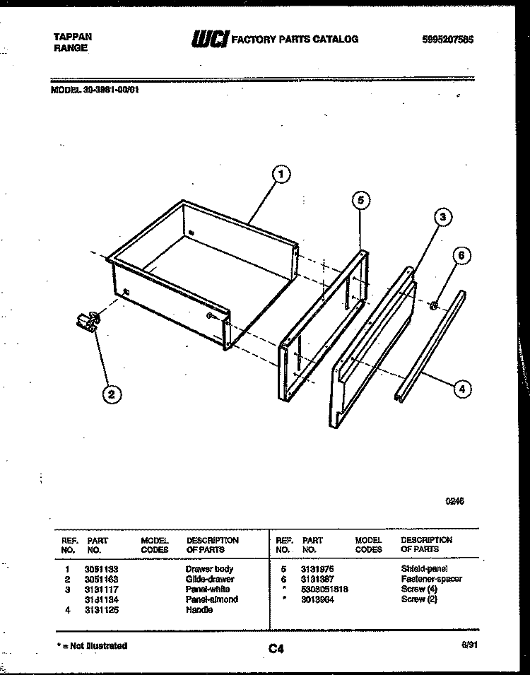 DRAWER PARTS Diagram and Parts List for 30-3981-23-01  Tappan Range