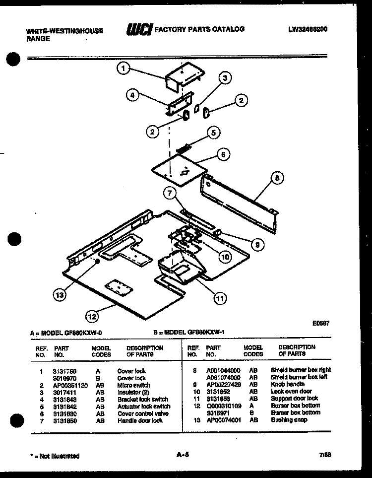 BURNER BOX PARTS Diagram and Parts List for GF880KXW0  Frigidaire Range