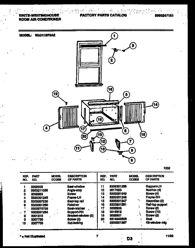 CABINET AND INSTALLATION PARTS Diagram and Parts List for WAH119P2A2  Frigidaire Air Conditioner
