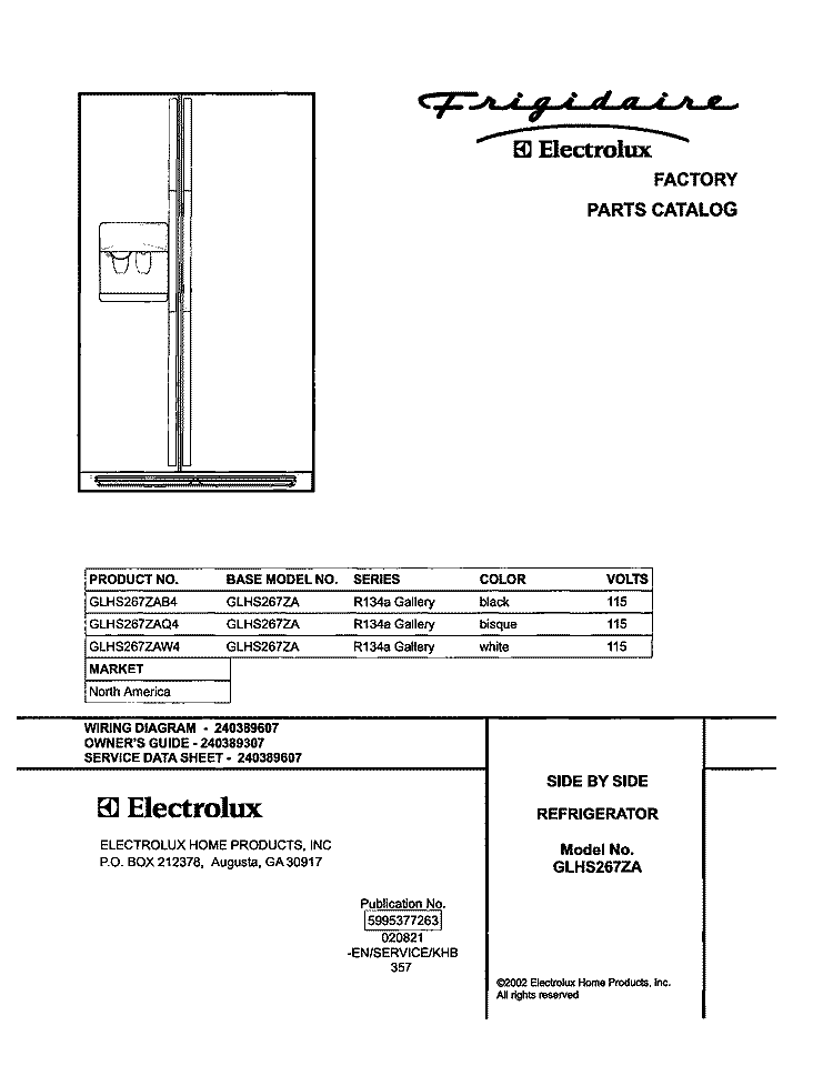 COVER Diagram and Parts List for GLHS267ZAW4  Frigidaire Refrigerator